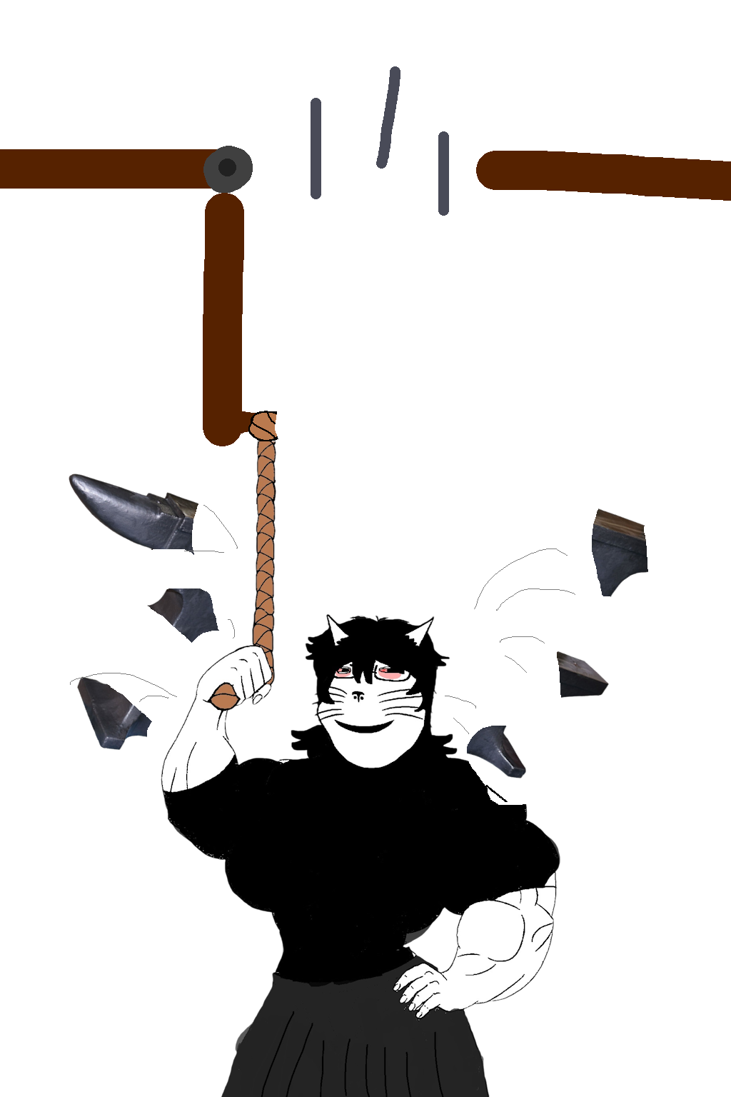 gapejak, massjak, massmeowjak, wholesome soyjak, anvil, black hair, black shirt, buff, cat ears, dress