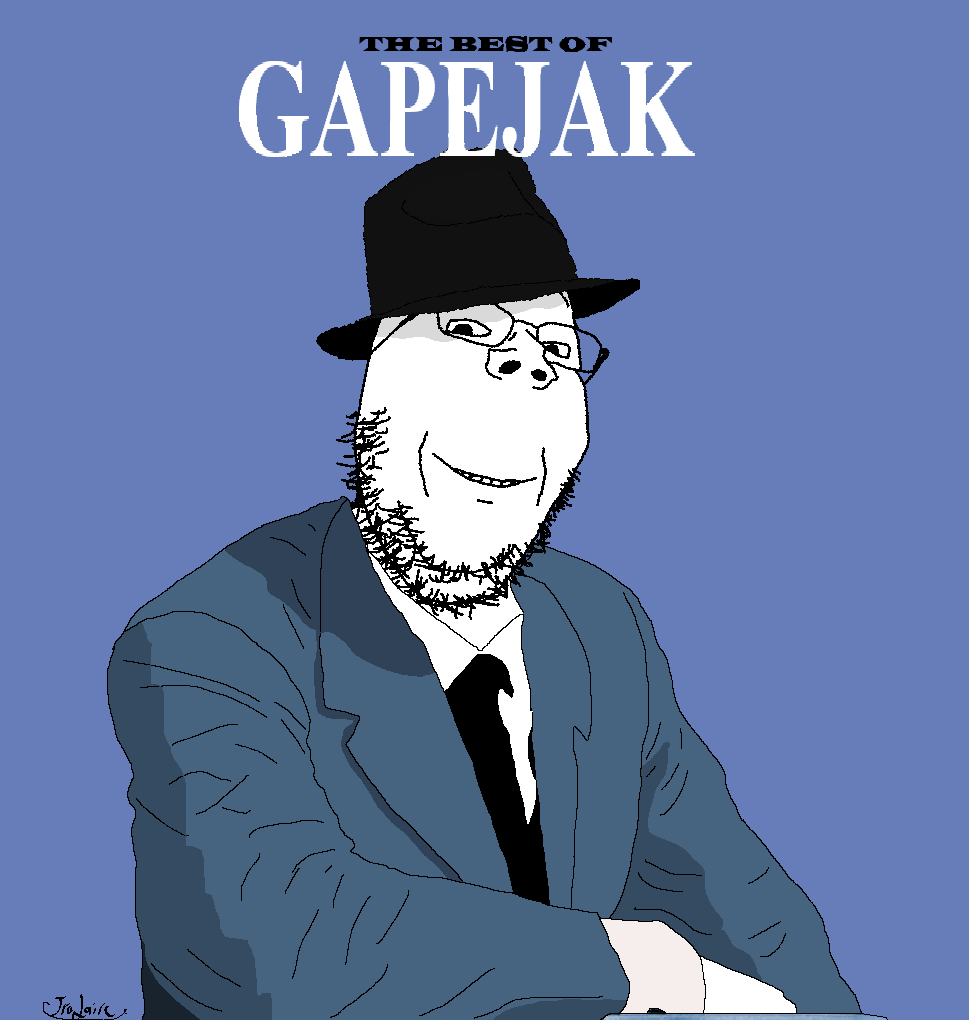 gapejak, wholesome soyjak, album cover, blue background, blue clothes, clothes, fedora, frank sinatra, glasses, hat
