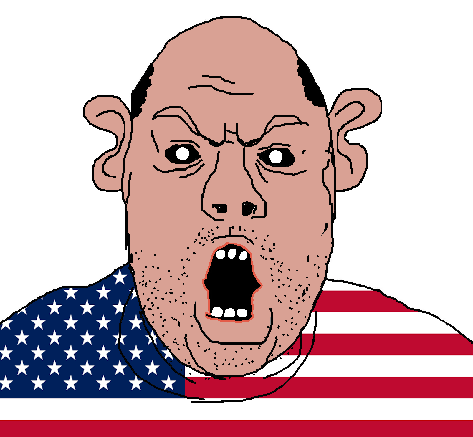 pronounjak, amerimutt, 1soyjak, angry, balding, black hair, black sclera, brown skin, ear, forehead lines