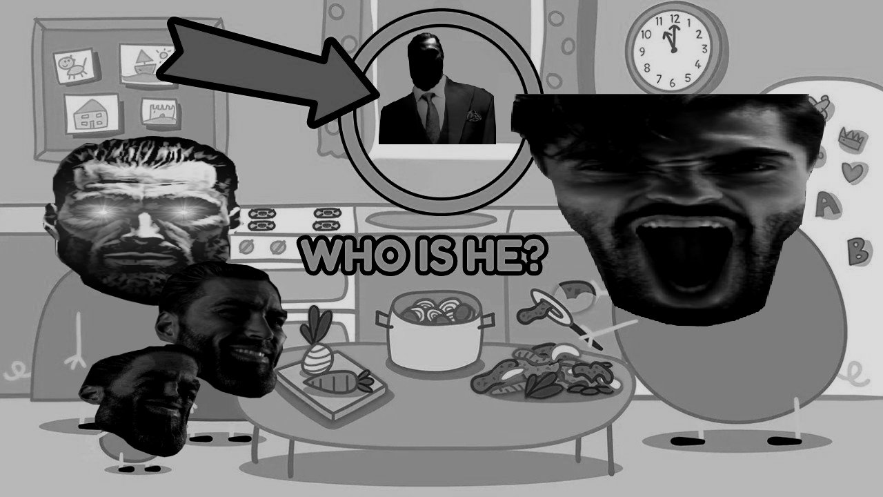 gigachad, gigatard, gigayell, nophono, beard, black and white, black hair, clothes, family, finner