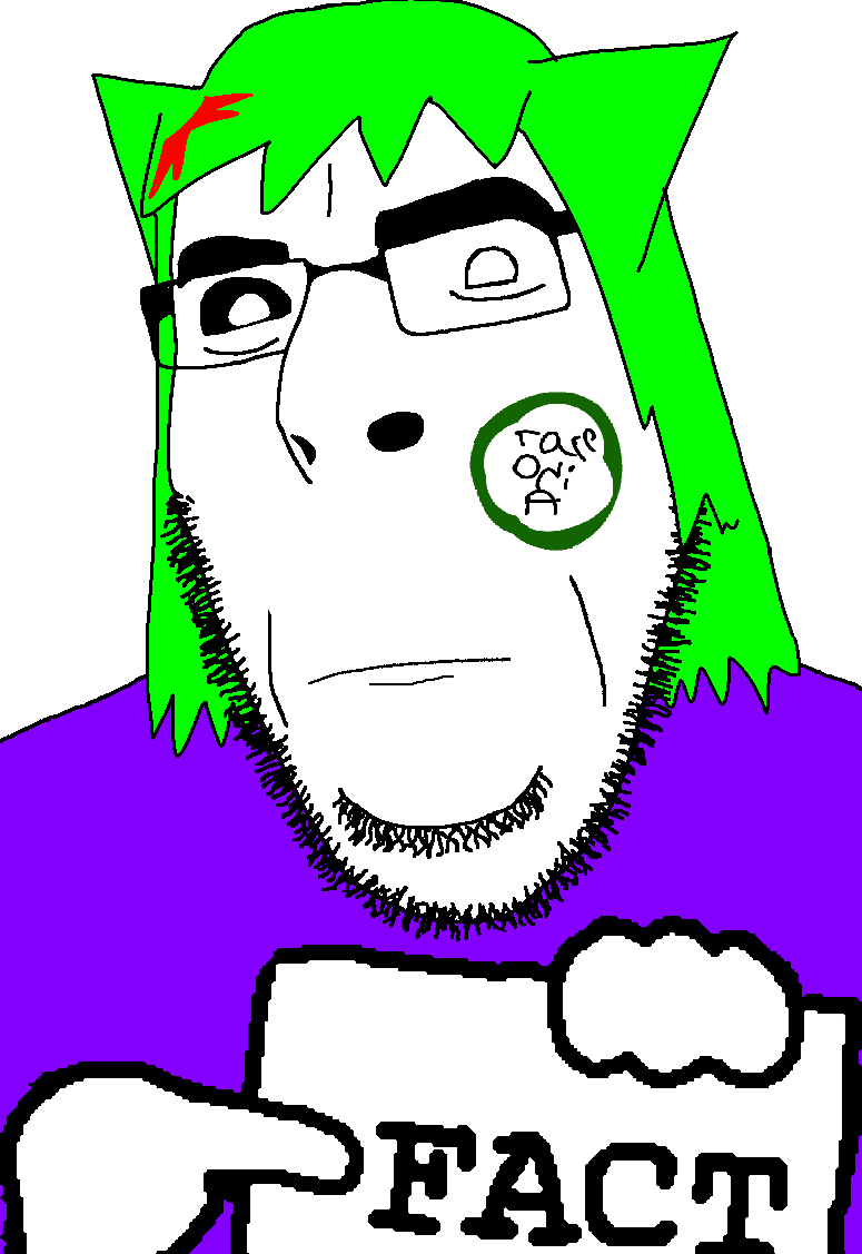 cobtacie, cobson, countryaryan fact!, black sclera, closed mouth, fact, green hair, hair, holding object, ibispaint