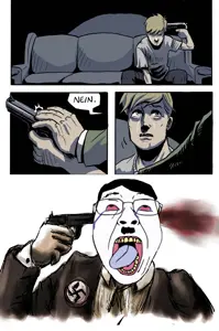 bernd, adolf hitler, blood, bloodshot eyes, clothes, comic, crying, dead, full body, glasses