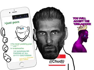 gigachad, impish soyak ears, 1soyjak, arch linux, arrow, banana, banana split ice cream, beard, black hair, buff