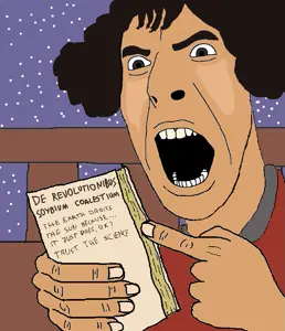 cobson, brown skin, coal, drawn background, hair, hands, holding object, nicolaus copernicus, open mouth, paper