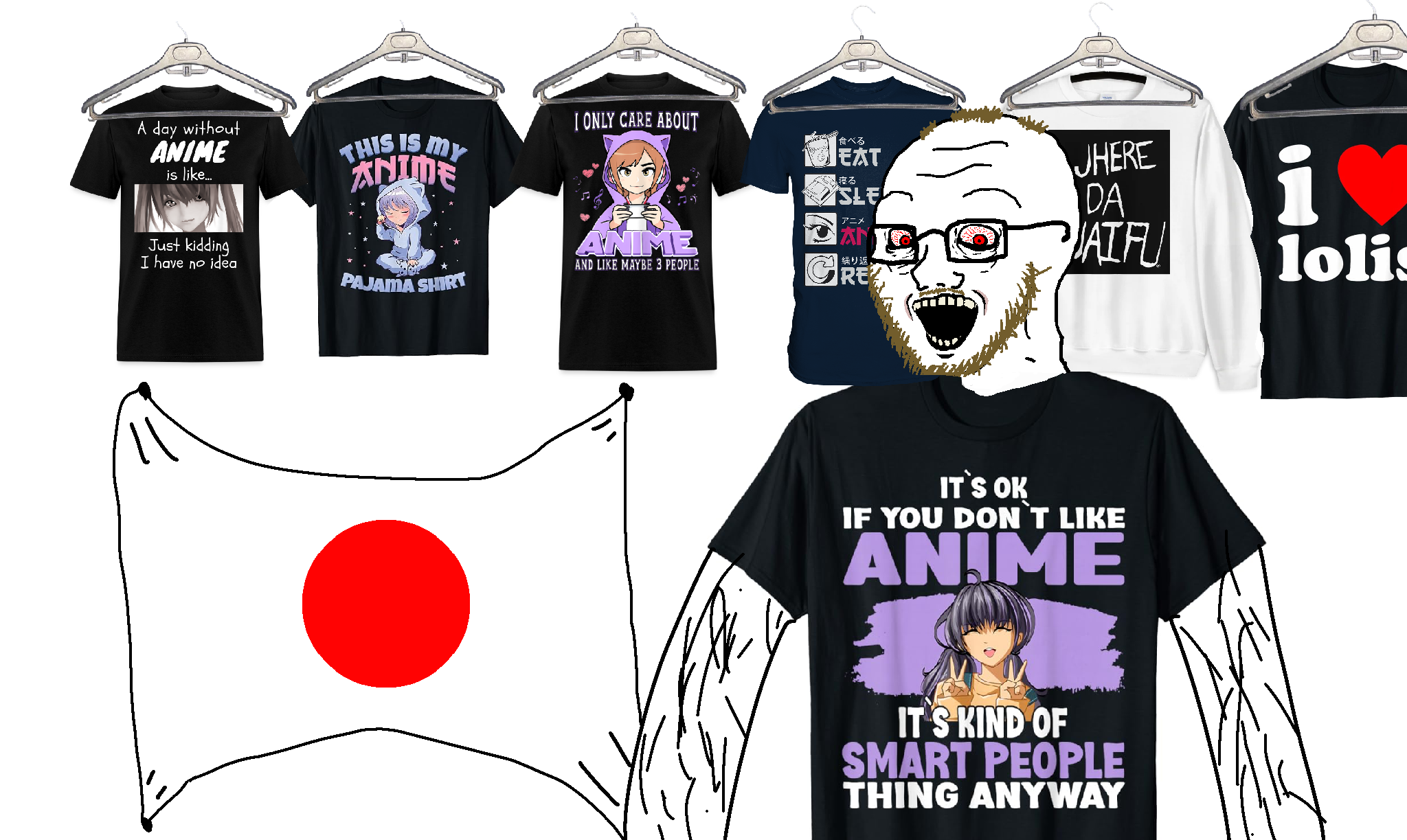 soyak, soyak (crazed), coomerjak, 1soyjak, anime, anime shirt, arm hair, bloodshot eyes, body hair, brown hair