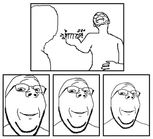 gapejak, unknown, wholesome soyjak, 4soyjaks, arm, card crusher, comic, crushing, glasses, hands