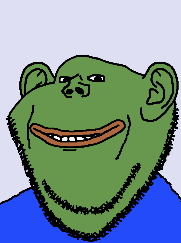 pepe, impish soyak ears, amphibian, animal, bald, big lips, blue shirt, closed mouth, ear, frog