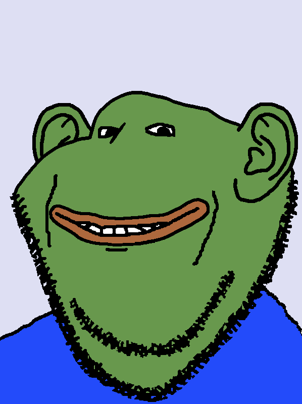 pepe, impish soyak ears, amphibian, animal, bald, big lips, blue shirt, closed mouth, ear, fixed