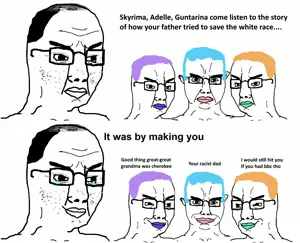 chudjak, balding, blue hair, chudjak brothers, closed mouth, comic, crying, ear, father, glasses