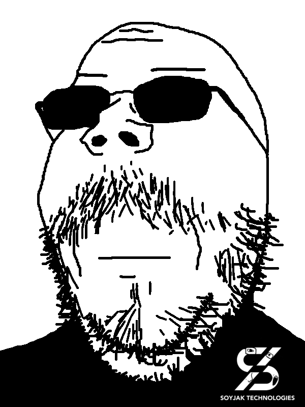 gapejak, mustached gapejak, 1soyjak, bald, closed mouth, clothes, company, corporation, employee, eyebrows