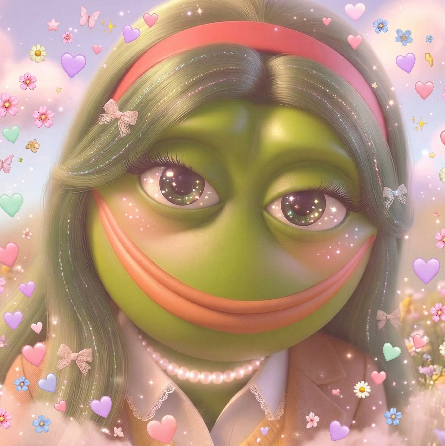 pepe, transpepe, big lips, blush, butterfly, closed mouth, cloud, cosmetics, cute, denim jacket