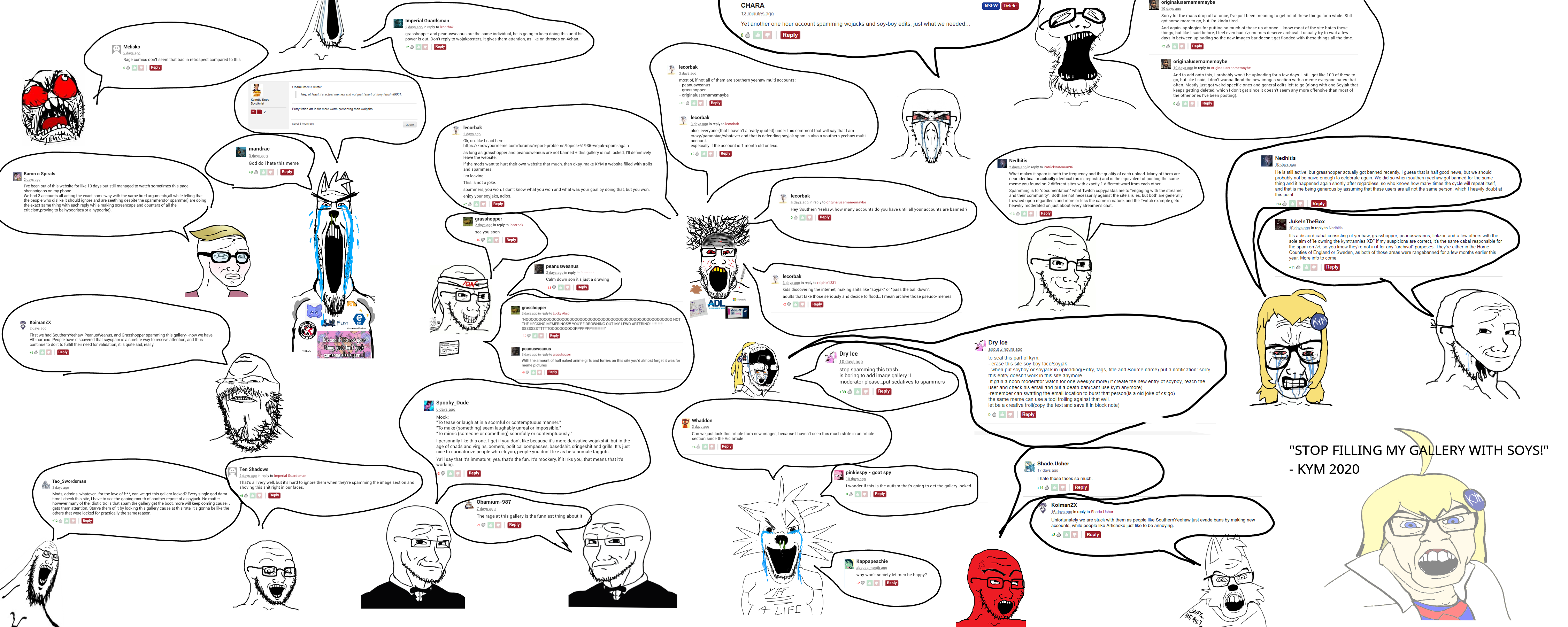 wojak, baldbert, feraljak, gapejak, markiplier soyjak, soyak, unknown, mustached gapejak, soyak (crazed), /qa/ (4chan)