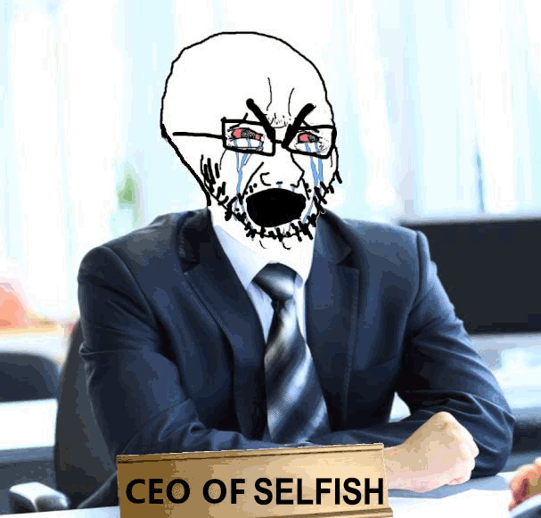 cryboy soyjak, selfish little fuck, angry, animated, bloodshot eyes, bushy eyebrows, ceo, closed eyes, clothes, cringe