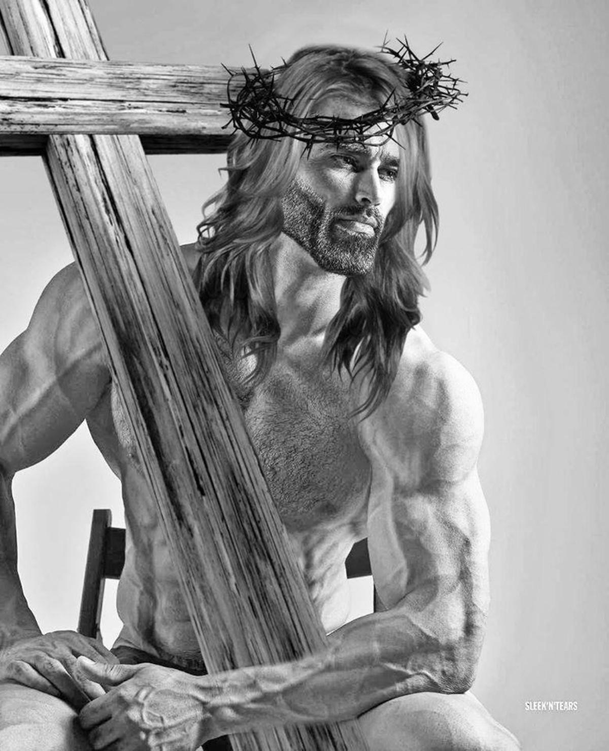 gigachad, beard, buff, calm, christian, christianity, cross, crown of thorns, effects, ernest khalimov