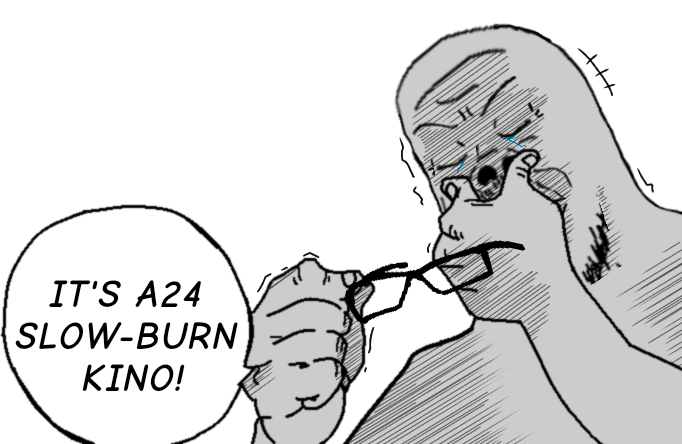 marco, a24 slowburn soyjak, 1soyjak, anime, crying, glasses, hands, holding object, kino, manga