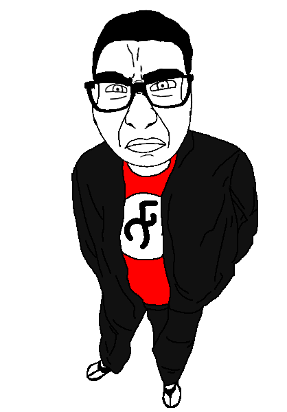 chudjak, slitherjak, slitherchud, chuddified soyjaks, 1soyjak, black clothing, black hair, bushy eyebrows, chud, closed mouth