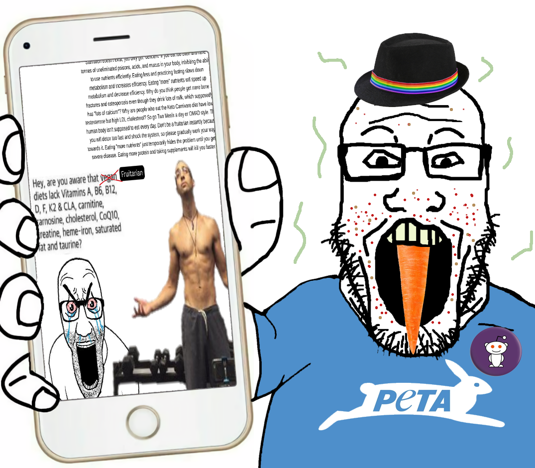 meataryan, el perro rabioso, markiplier soyjak, showing phone, carrot, fedora, glasses, holding object, holding phone, open mouth