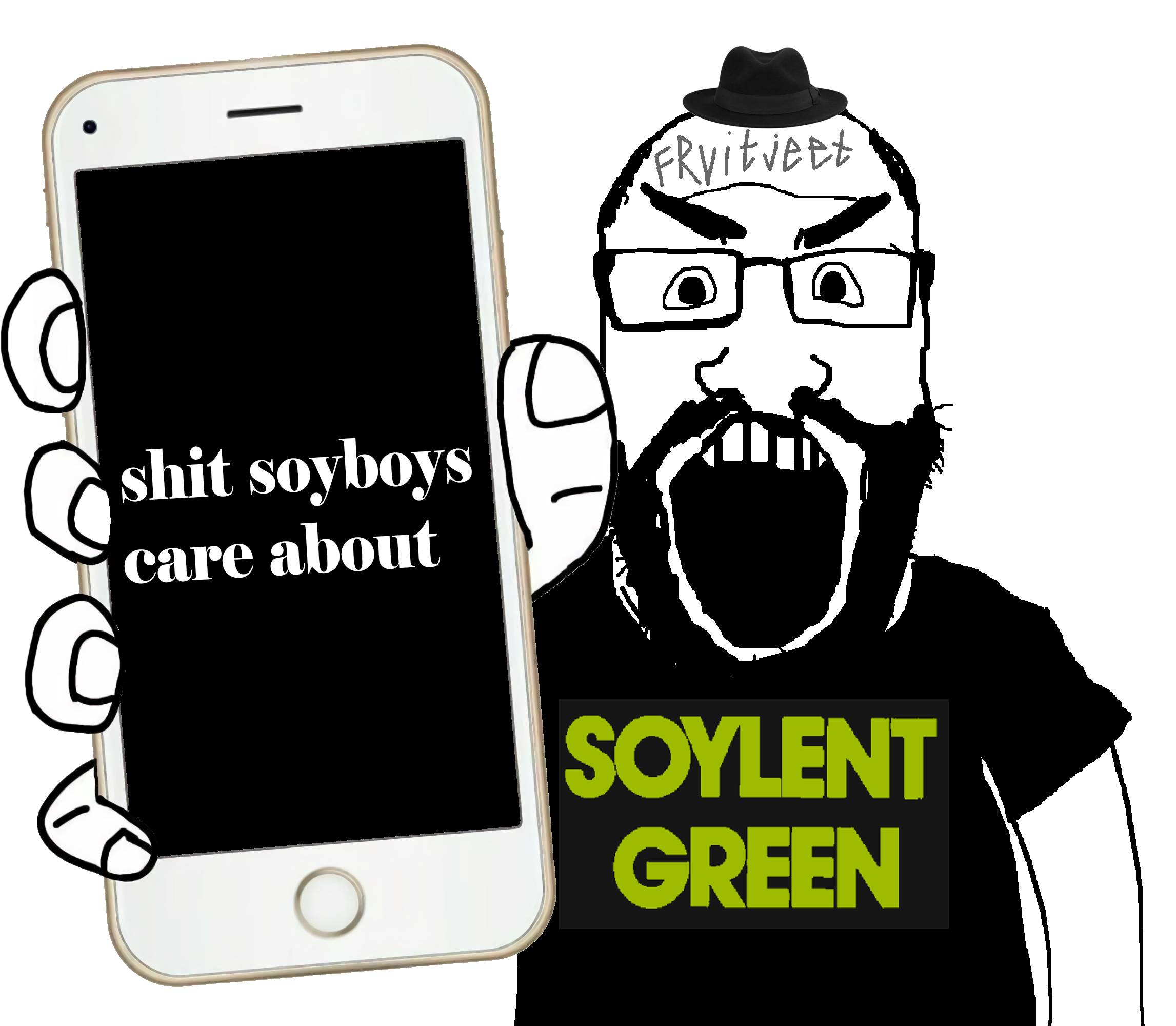 meataryan, markiplier soyjak, phoneplier vertical, science lover, showing phone, 1soyjak, arm, balding, beard, black shirt