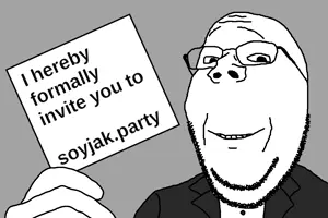 gapejak, wholesome soyjak, 1soyjak, bald, black eyes, card, clothes, glasses, gray background, half open mouth