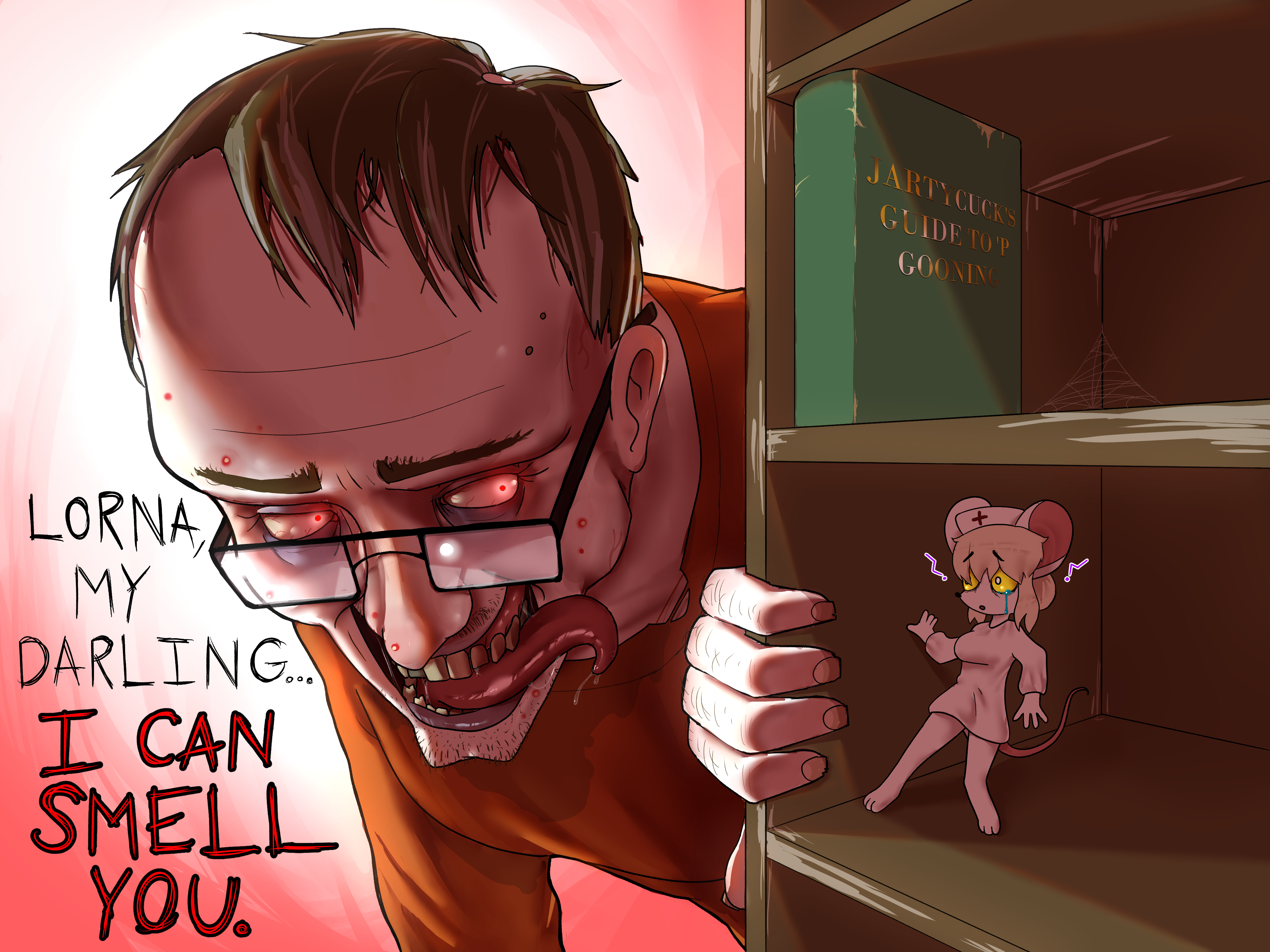 weird furfag nigga, lorna, unknown, irl slopjaks, anthro, bald spot, balding, bloodshot eyes, book, bookshelf