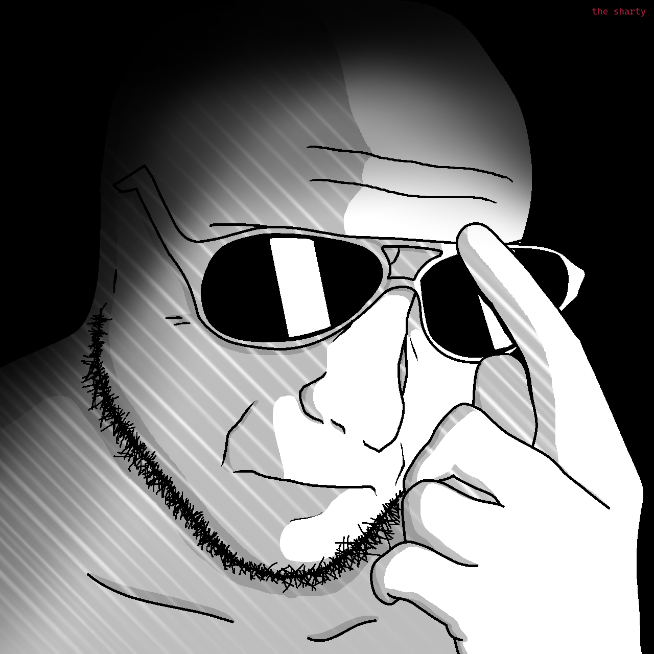 soyak, soyak (smug), album cover, argentina, bald, black background, closed mouth, dark, glasses, grayscale