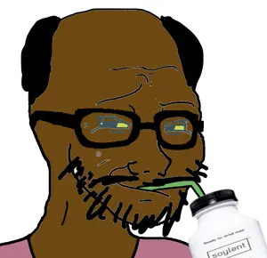 wojak, balding, black skin, bottle, clothes, drink, drinking, drinking soylent, drinking straw, glasses