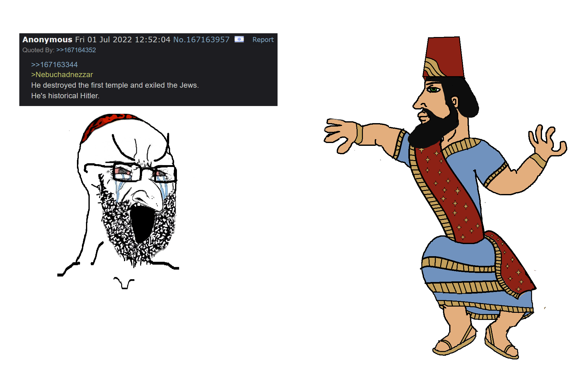 chad thundercock, soyak, /int/, beard, bloodshot eyes, chad, clothes, crying, glasses, hat