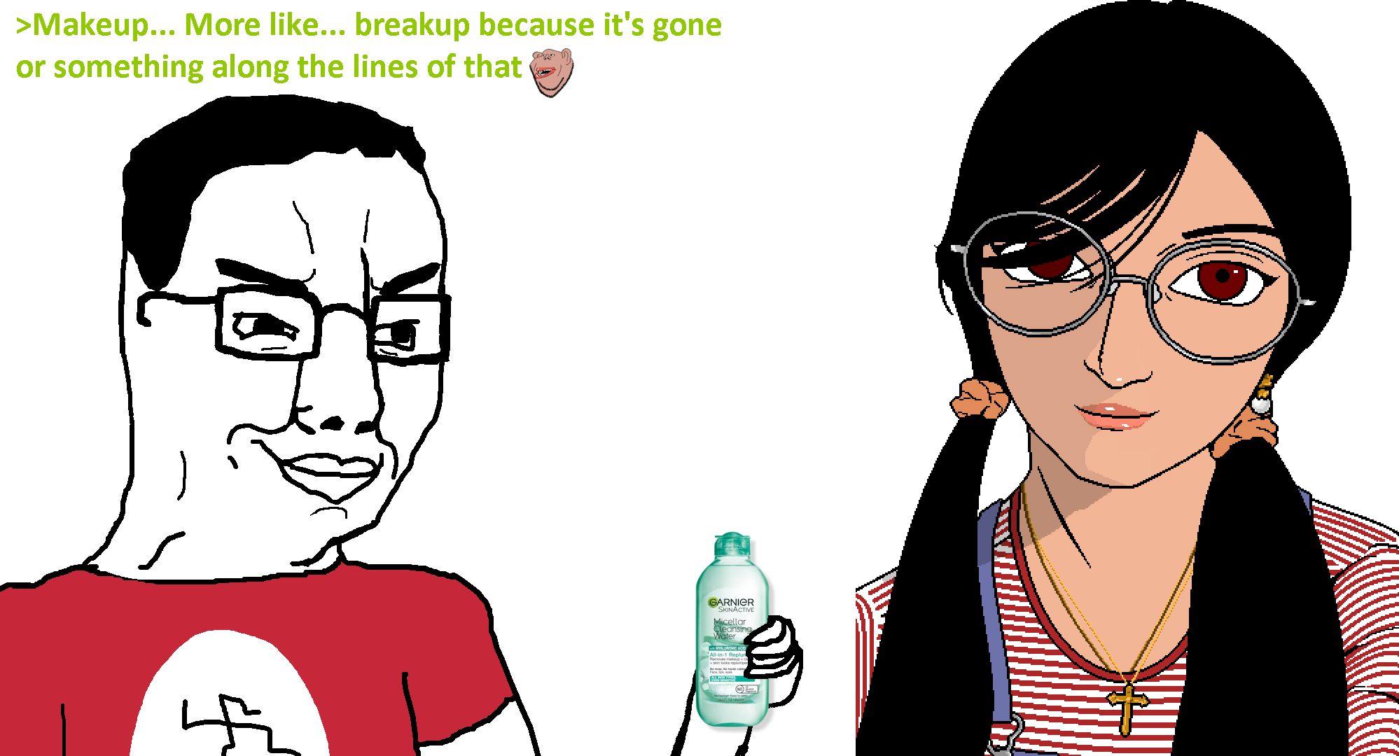 chudjak, impish soyak ears, impish amerimutt, amerimutt, bangs, black hair, blue overalls, bottle, brown eyes, brown skin