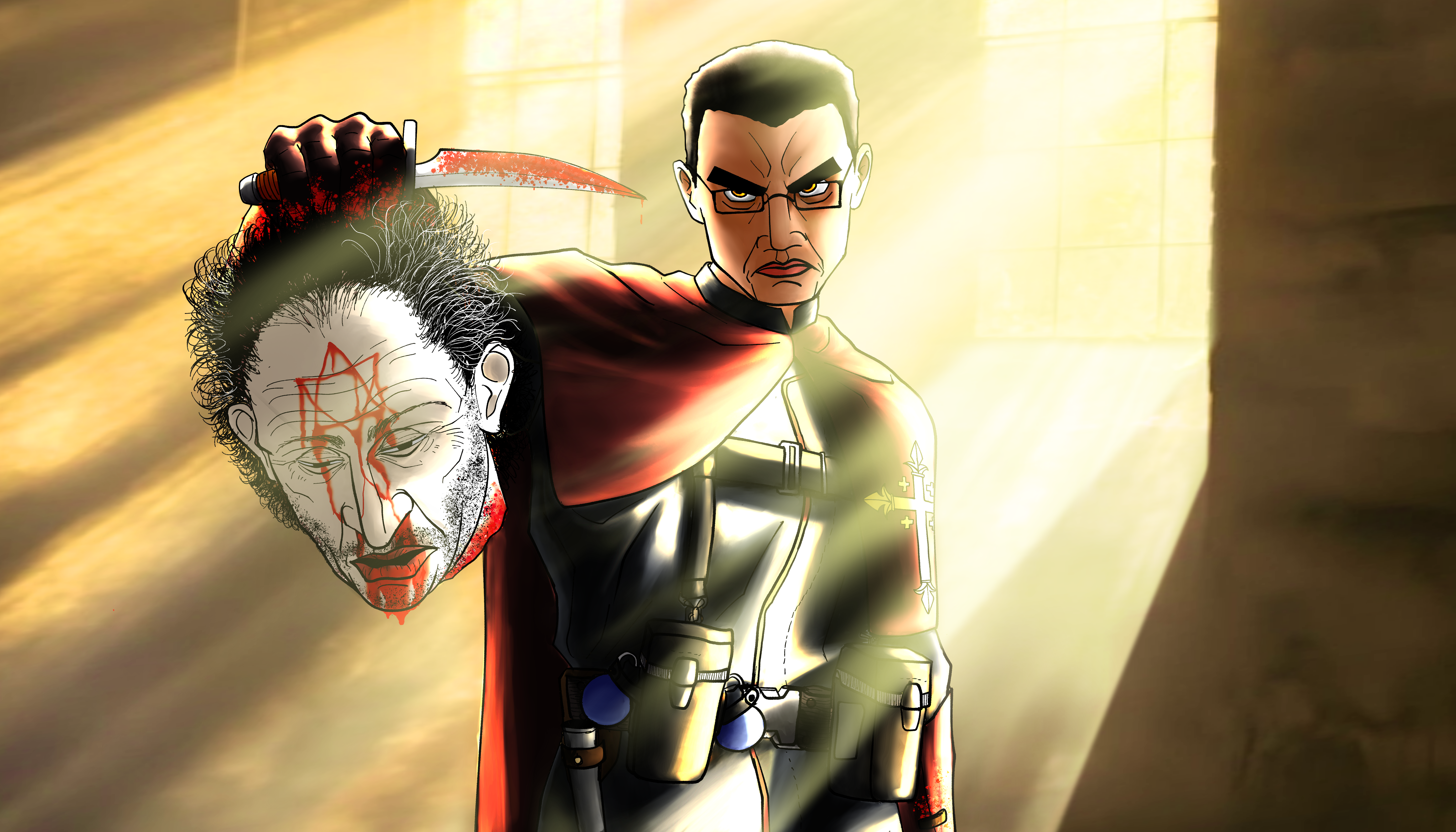 soy beaner, chudjak, perceptive chud, angry, beheaded, blood, blood from mouth, blood on face, brown eyes, carved