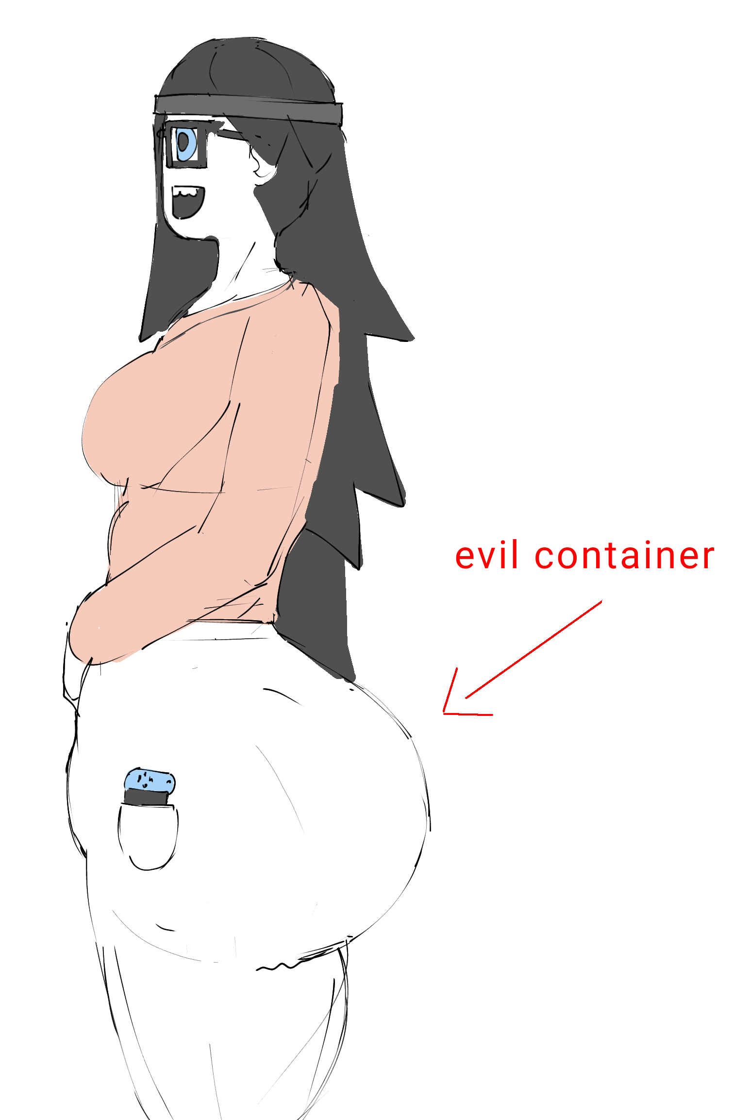 soytan gyatt artist, soytan, black hair, blue eyes, bubble butt, bvilt for bbc, clothes, english text, evil container, glasses