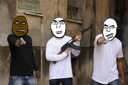 cobson, eshelious, heavierolgoliancitizen, olgolhaterson, ak-47, assault rifle, bald, beard, black shirt, black skin