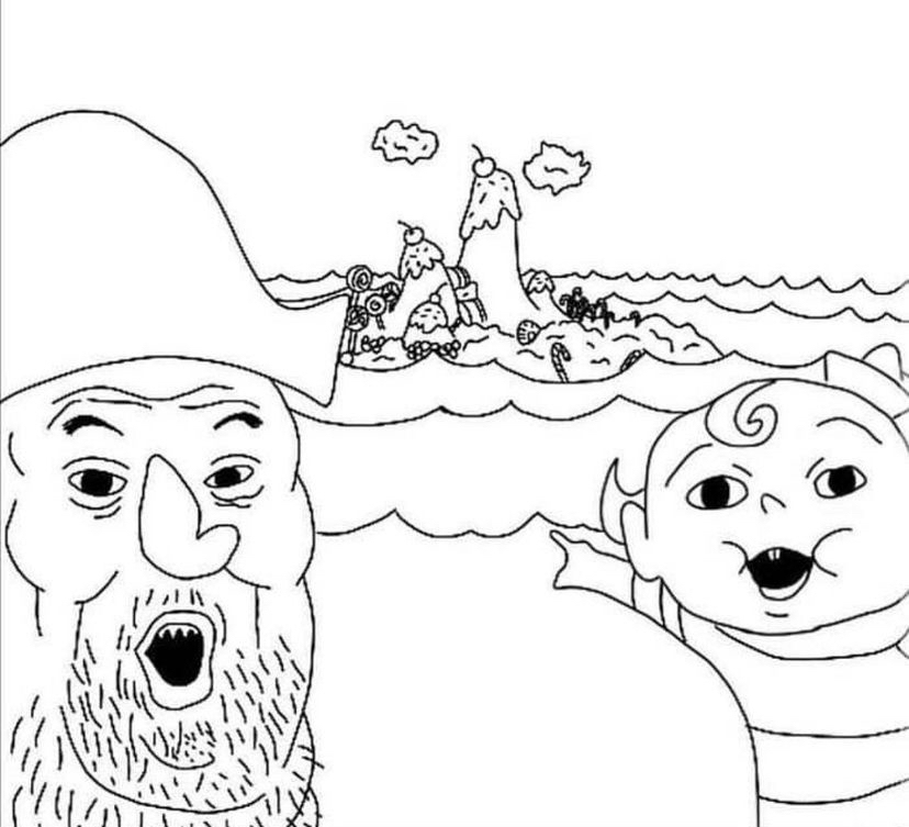two pointing soyjaks, buck teeth, cartoon, cartoon network, clothes, cloud, drawn background, hair, hat, open mouth