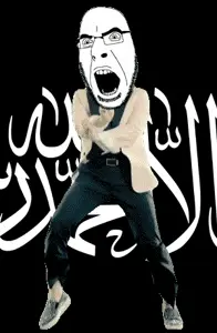 cobson, al qaeda, angry, animated, arabic text, calligraphy, dance, flag, full body, gangnam style