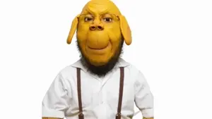 Firefly A yellow dog character with floppy ears, glasses, and suspenders, jumping up from the bottom.mp4