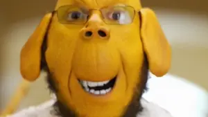 Firefly A yellow dog character with floppy ears, glasses, and suspenders, doing a cheery dance with .mp4