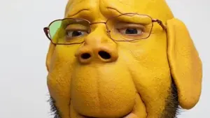 Firefly A yellow dog character with floppy ears, glasses, and suspenders, at a laptop in an office, .mp4