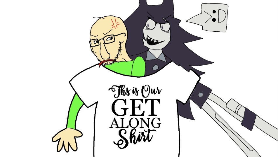 baldi, miss circle, soytan, soyak, angry, annoyed, black and white, black hair, black shirt, buttons