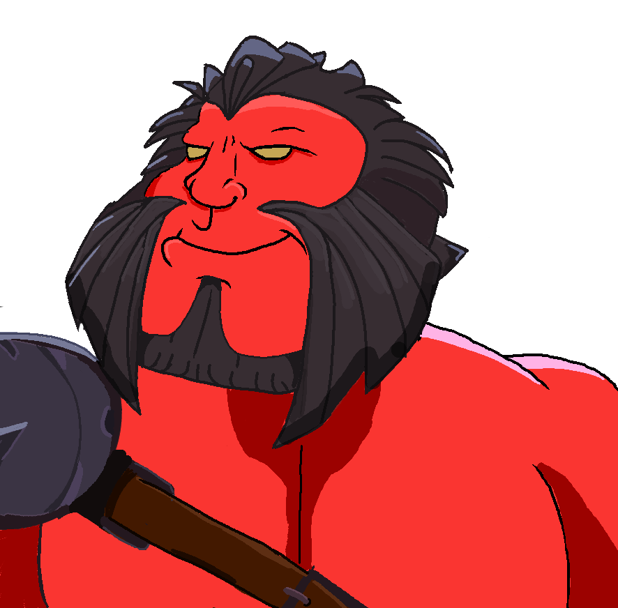 meximutt, mexiaryan, axe, beard, belt, belt buckle, buff, closed mouth, hair, looking to the left