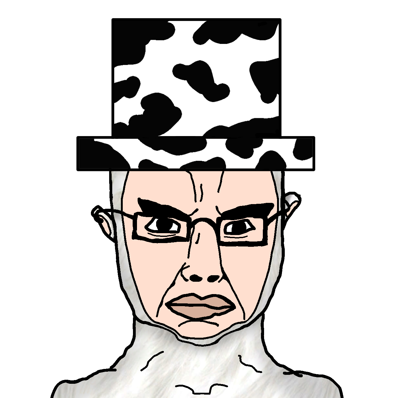 chudjak, chudjak front, black glasses, closed mouth, clothes, cow skin, ear, eyebrows, front facing chud, front view