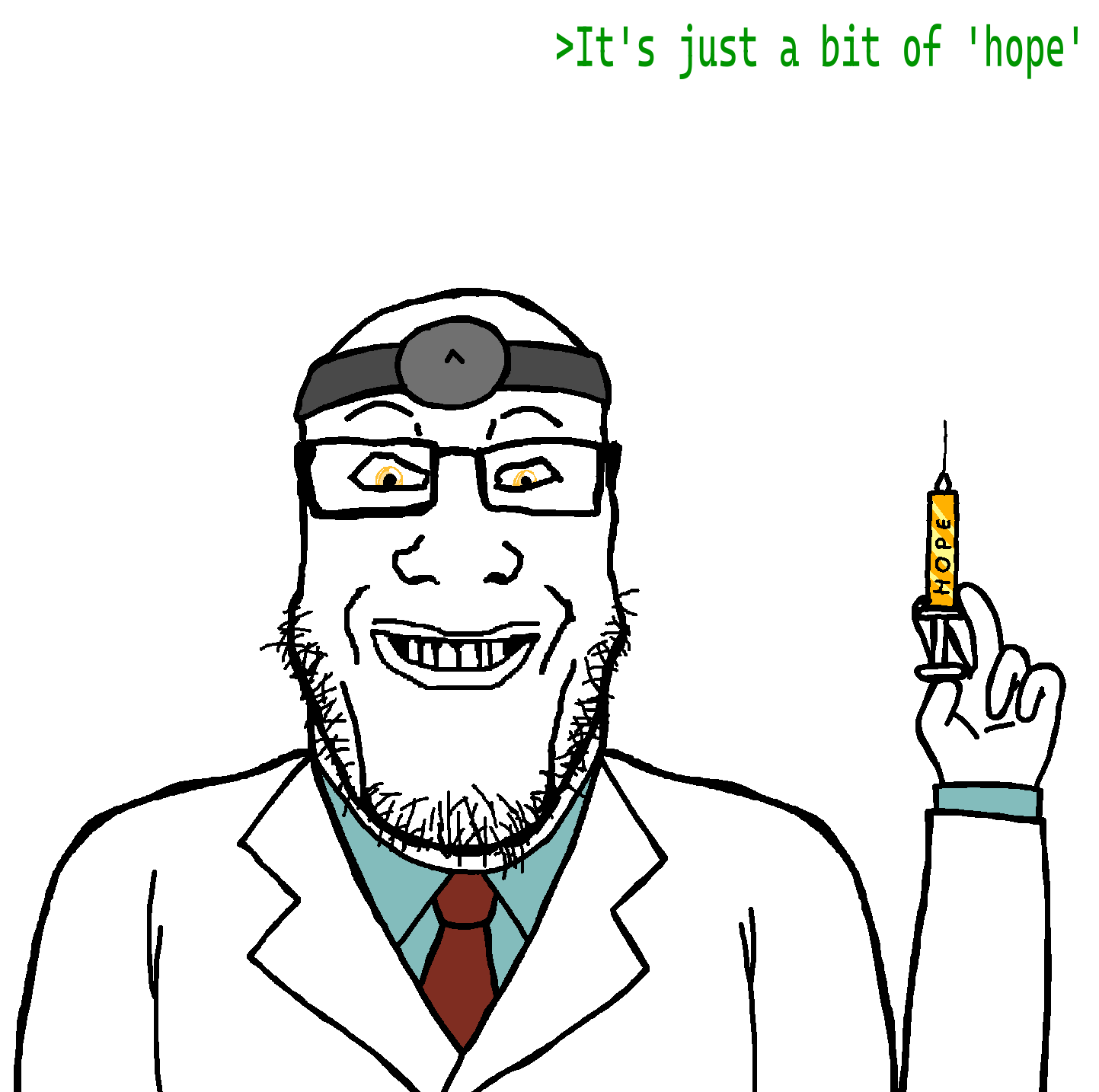 markiplier soyjak, grinplier, closed mouth, clothes, cyan shirt, doctor, glasses, half body, hands, holding object