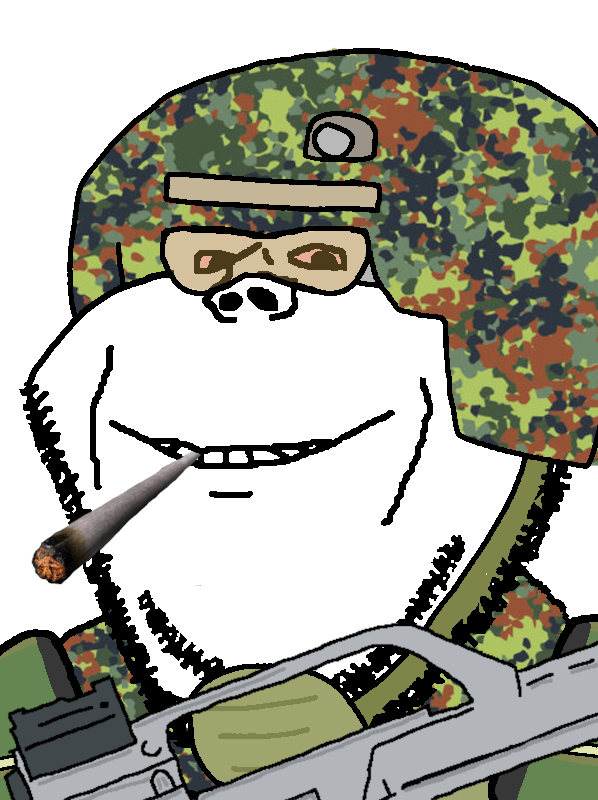 impish soyak ears, camouflage, clothes, flecktarn pattern, gun, hat, helmet, holding gun, holding object, looking at you
