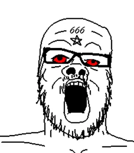 a24 slowburn soyjak, 666, bloodshot eyes, facial mark, forehead mark, glasses, mark of the beast, mustache, open mouth, pentagram forehead mark