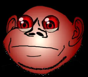 impish soyak ears, swedenborg, closed mouth, creepy, deformed, ear, red eyes, red skin, soyjak, stubble