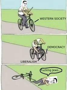 chudjak, angry, bicycle, closed mouth, comic, democracy, english text, glasses, hair, liberalism