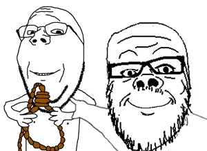 a24 slowburn soyjak, gapejak, wholesome soyjak, 2soyjaks, arm, glasses, hands, holding object, mustache, pointing