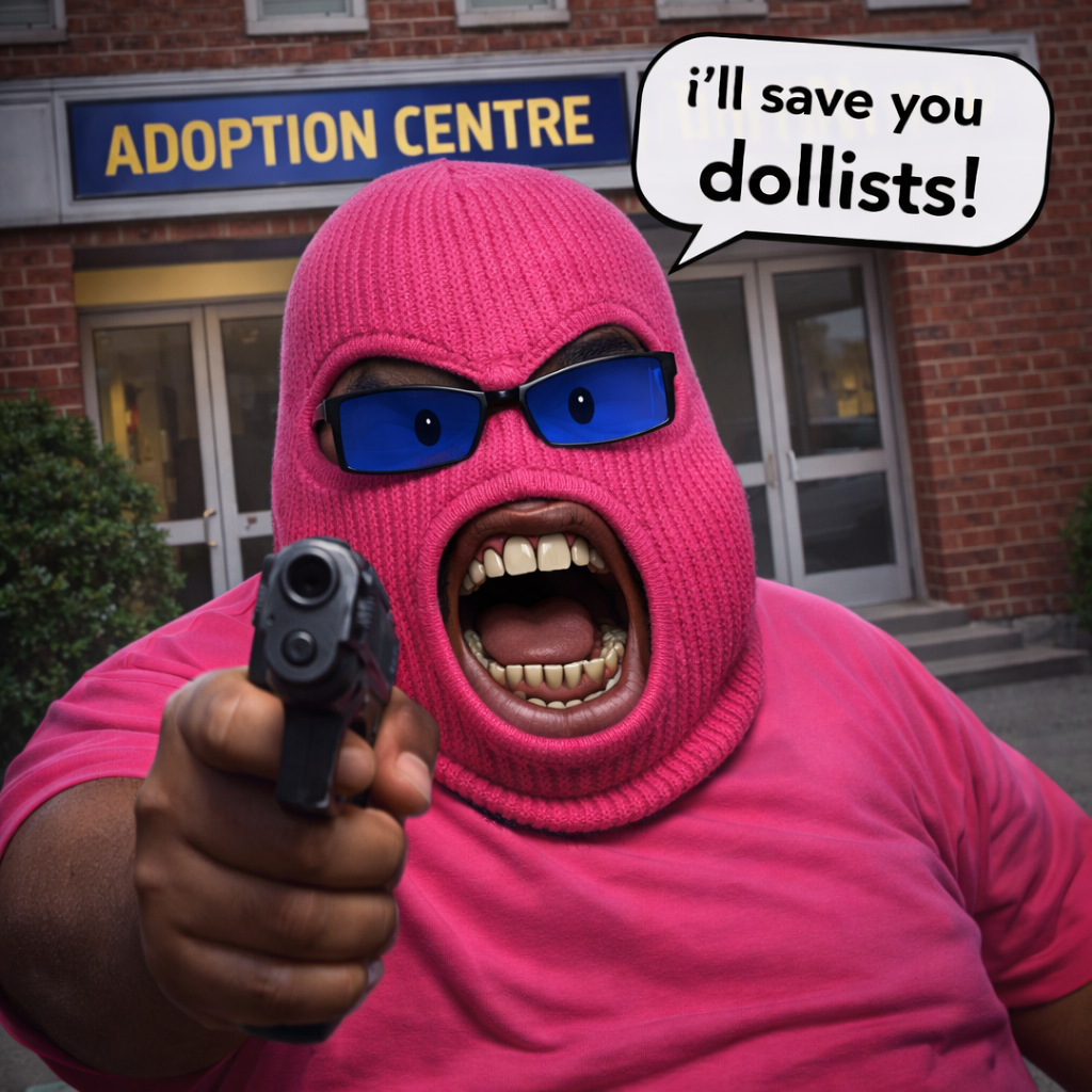dolly, feraljak, feralnoon, 3d, admin, adoption, adoption center, angry, beady eyes, black background