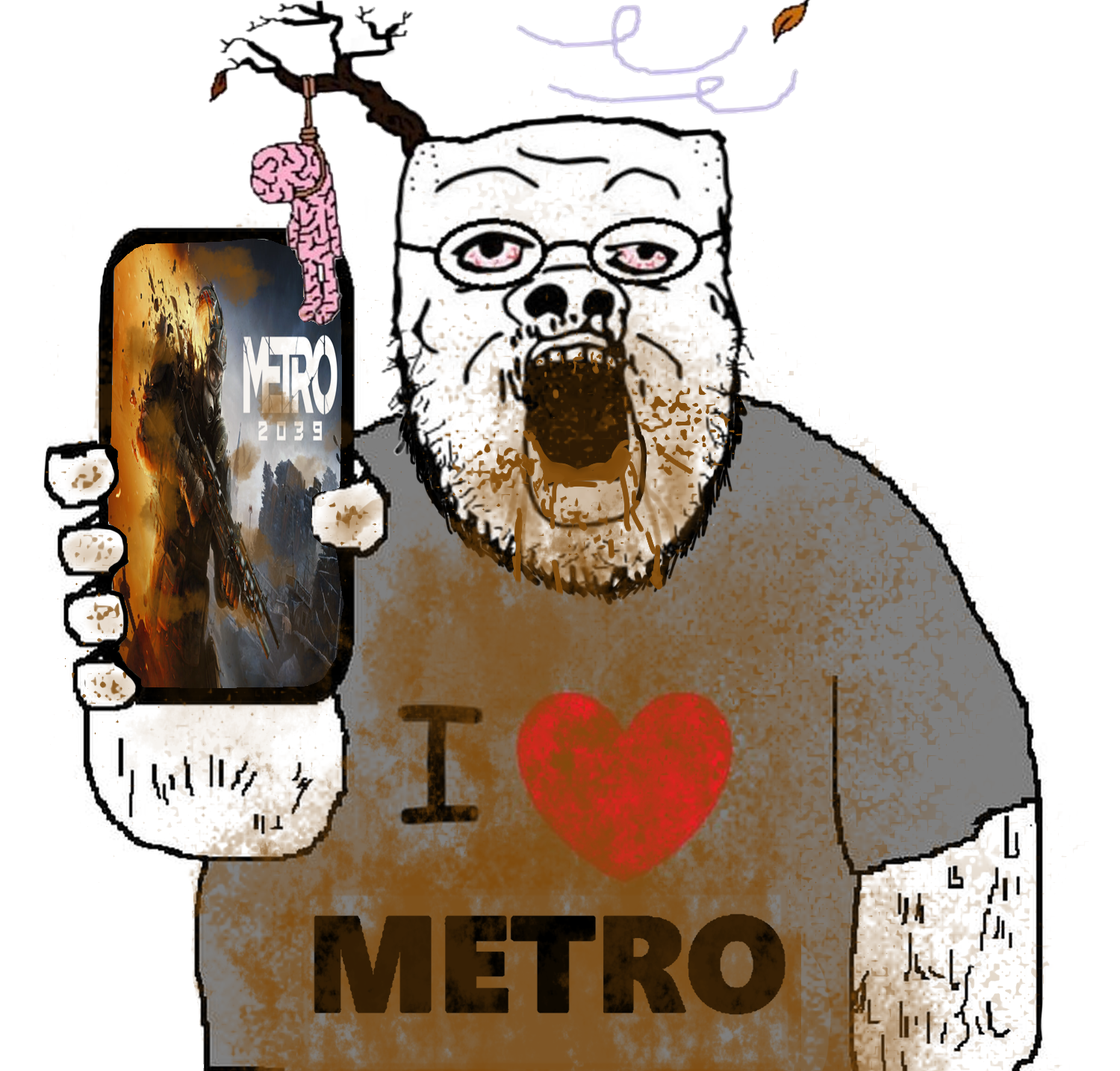 a24 slowburn soyjak, brainlet, clothes, dirty, glasses, i love, metro, metro (video game), open mouth, poop