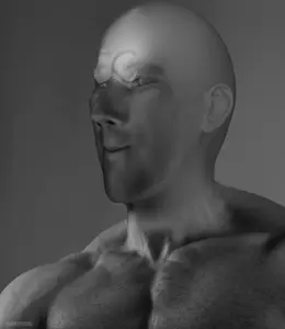 cum man, bald, big nose, closed mouth, ear, foreheadskin, foreskin, gray background, gray skin, half body
