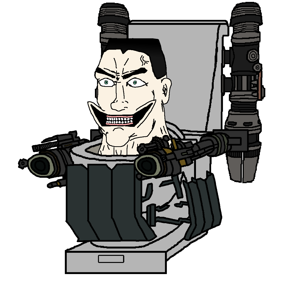 chudjak, perceptive chud, armor, ear, g-toilet, green eyes, grin, gums, hair, jetpack