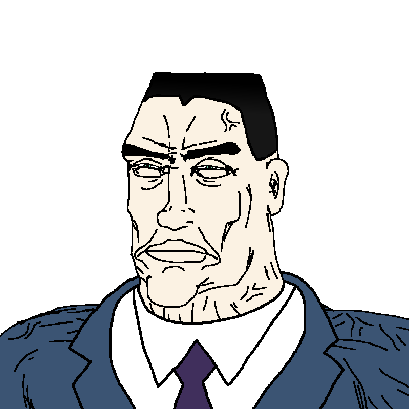 chudjak, perceptive chud, 1soyjak, black hair, blue suit, buff, chud, closed mouth, clothes, ear